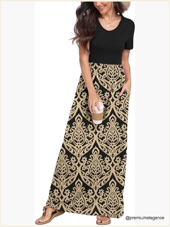 Dresses & Skirts - Petite Maxi Dress with Pockets, Short Sleeve, Flowy Summer Casual